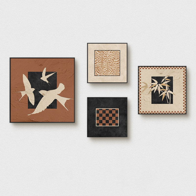 Ensemble d'art mural traditionnel carré 4 pièces, H 47,24 po x l 86,61 po, Orange / Beige / Noir