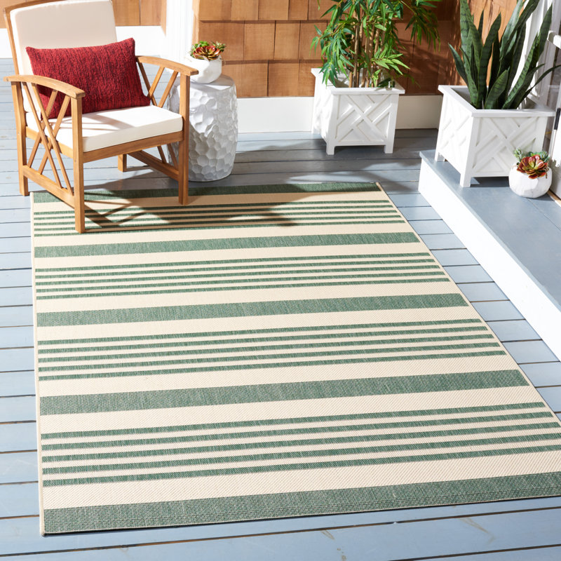 Tapis rayé beige / vert intérieur / extérieur Aiken, Rectangle 6 pi 7 po x 9 pi 6 po