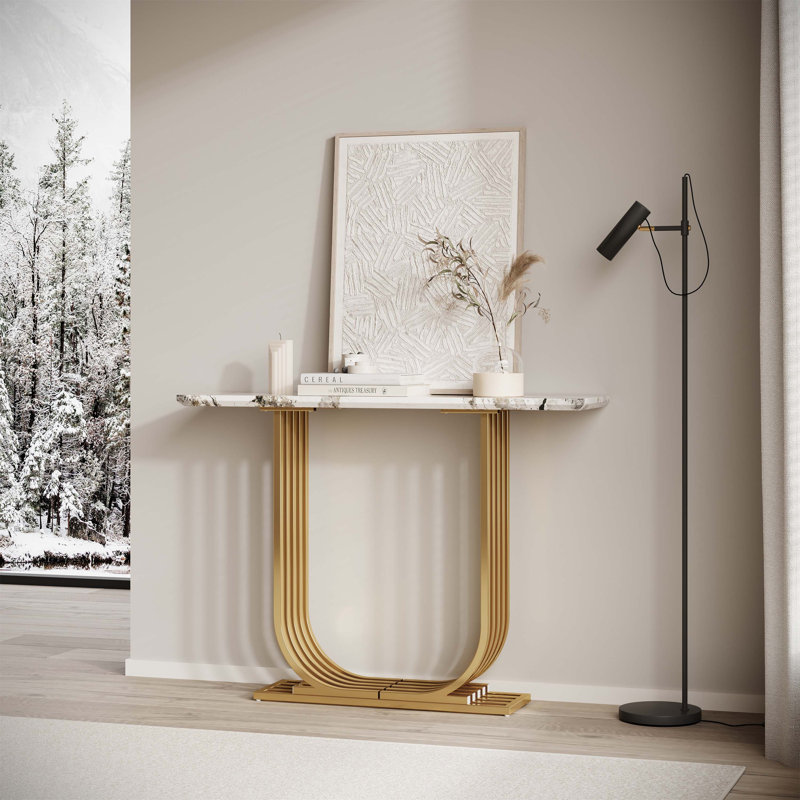 43.3-Inch Modern Wooden Imitation Marble Console Table, Narrow Design For Living Room And Bedroom, Space-Saving And Stylish