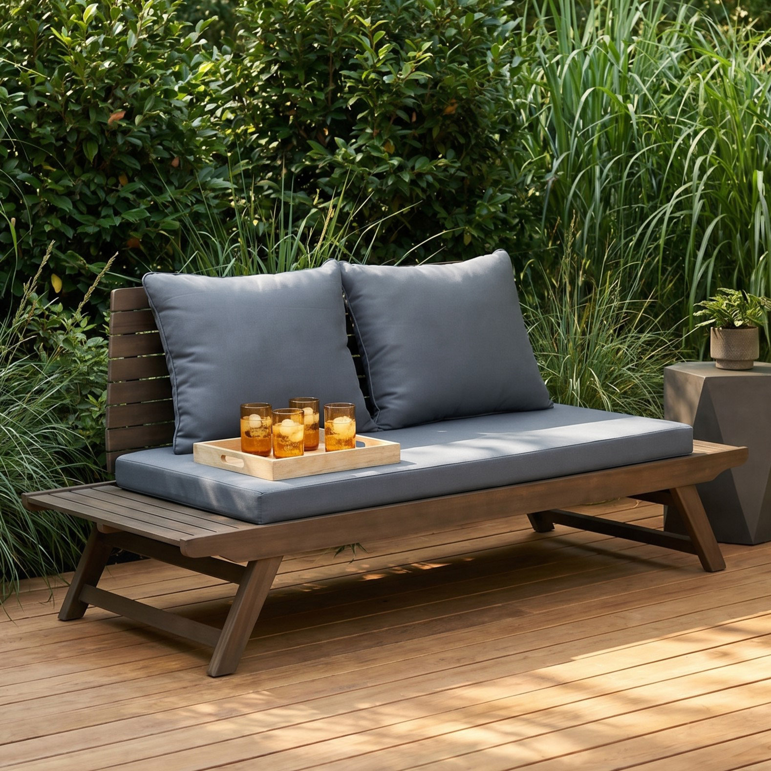 Lavinia 65" Acacia Patio Loveseat, Gray Frame / Dark Gray Cushion