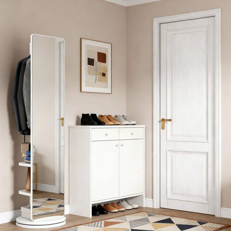 White 69"X16" Full Length Mirror Coat Rack, 360° Rotating Multifunctional Space Saving For Home Spaces, 68.8" x 19.69", White