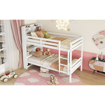 Lit superposé avec tablettes, lit en bois d'hévéa avec tête de lit à tablettes, barrières de sécurité et échelle, convertible en 2 lits