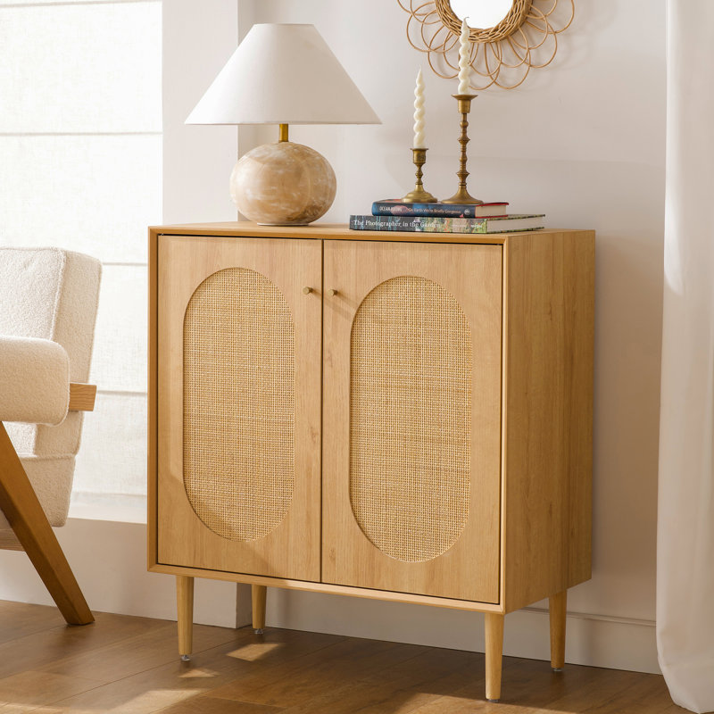 Sideboard Storage Cabinet With Natural Rattan 2-Door Accent Cabinet, Oak