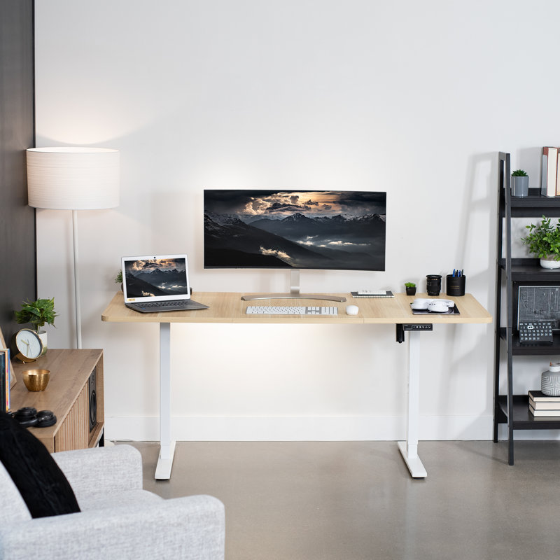 Light Wood & White Electric Adjustable Standing Desk 71"