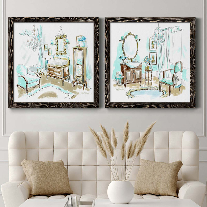 «Blue Opulence I», ensemble de 2 peintures sur toile encadrées, H 27,5 po x l 55 po x P 1,5 po, Cadre noir
