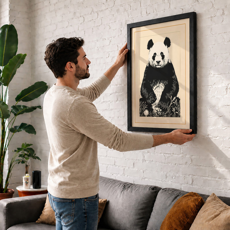 Panda Frontispiece Japandi - Framed Print, Oak, A3 - 42.0 x 29.7 cm