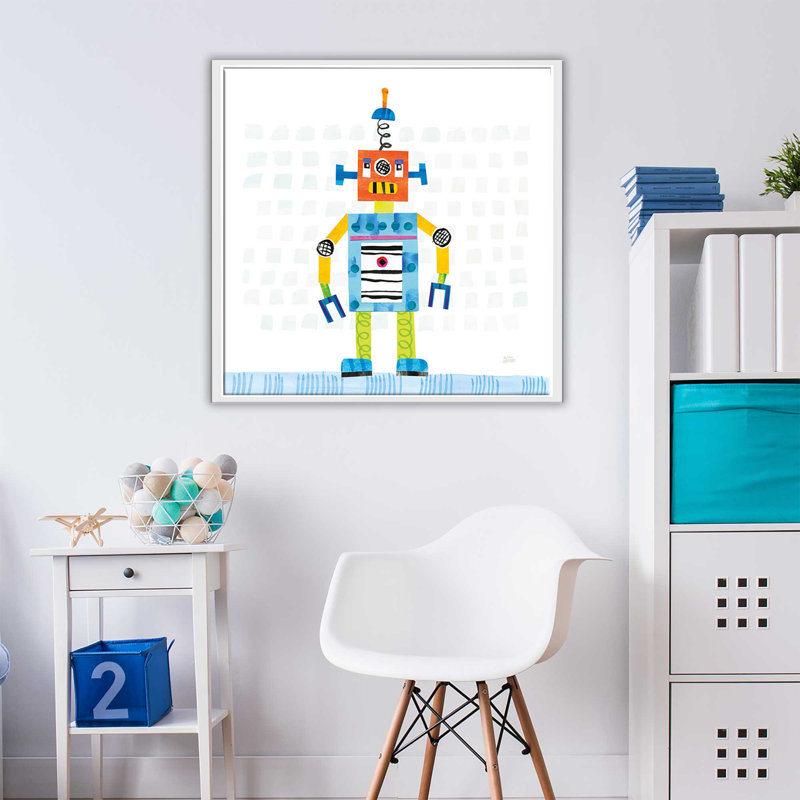 «Robot Party II on Squares», impression, H 21,5 po x l 21,5 po x P 2 po, Cadre flottant blanc