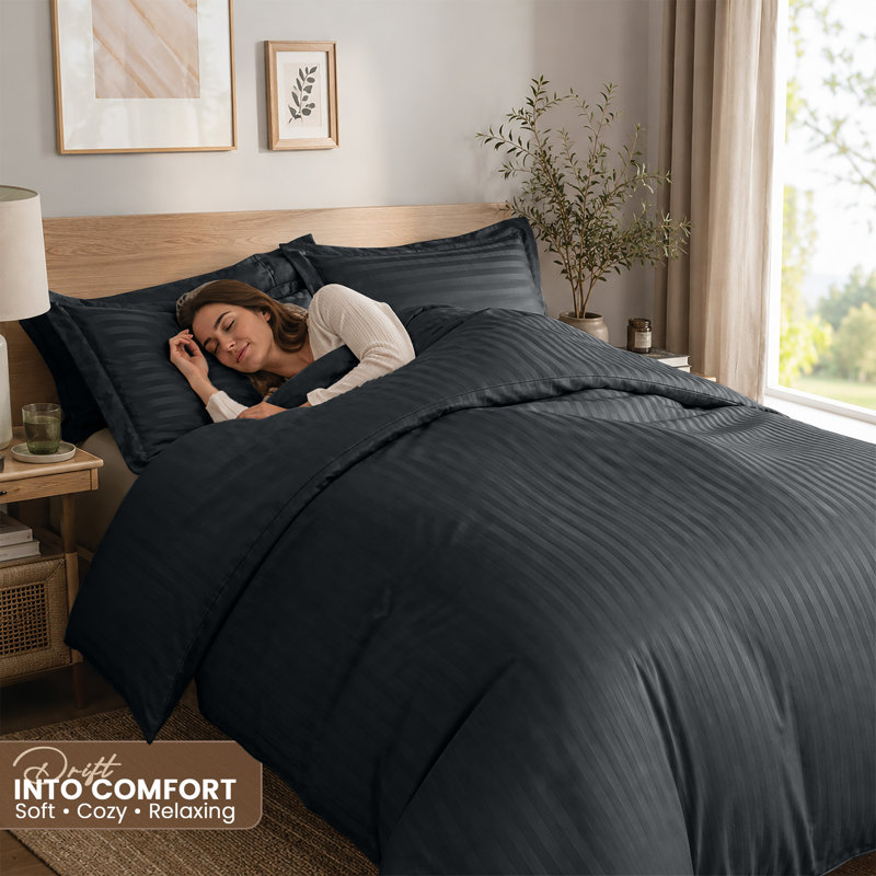 Imperial Homeware London Microfiber Striped Duvet Cover Set with Pillowcases Included, Charcoal