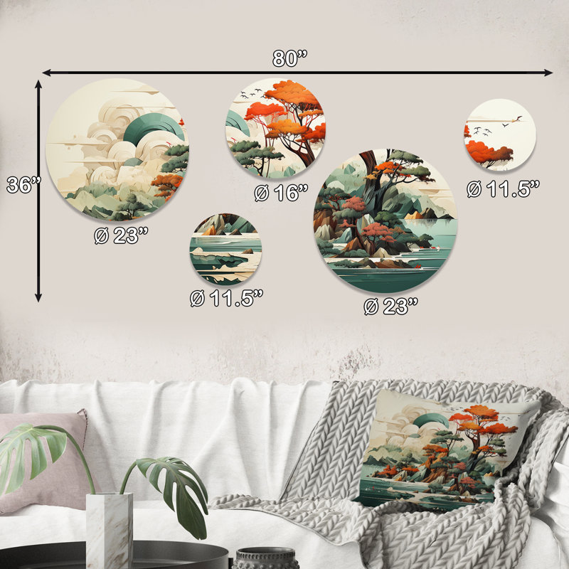 «Vintage Japanese Lake Scenery I - Abstract Landscape», ensemble d'art mural rond sur 5
