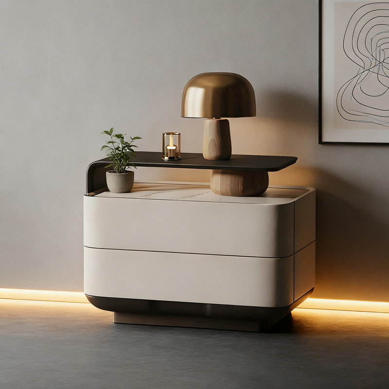 Table de chevet minimaliste italienne l 21,65 po, décor en similicuir, plateau en pierre frittée, orienté vers la gauche