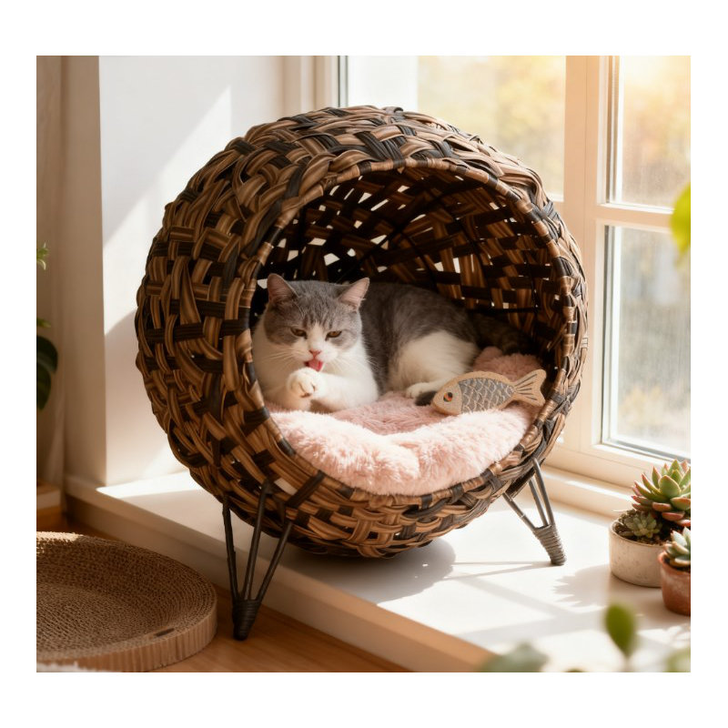 Maison pour chat avec maisonnette tissée à la main avec coussin
