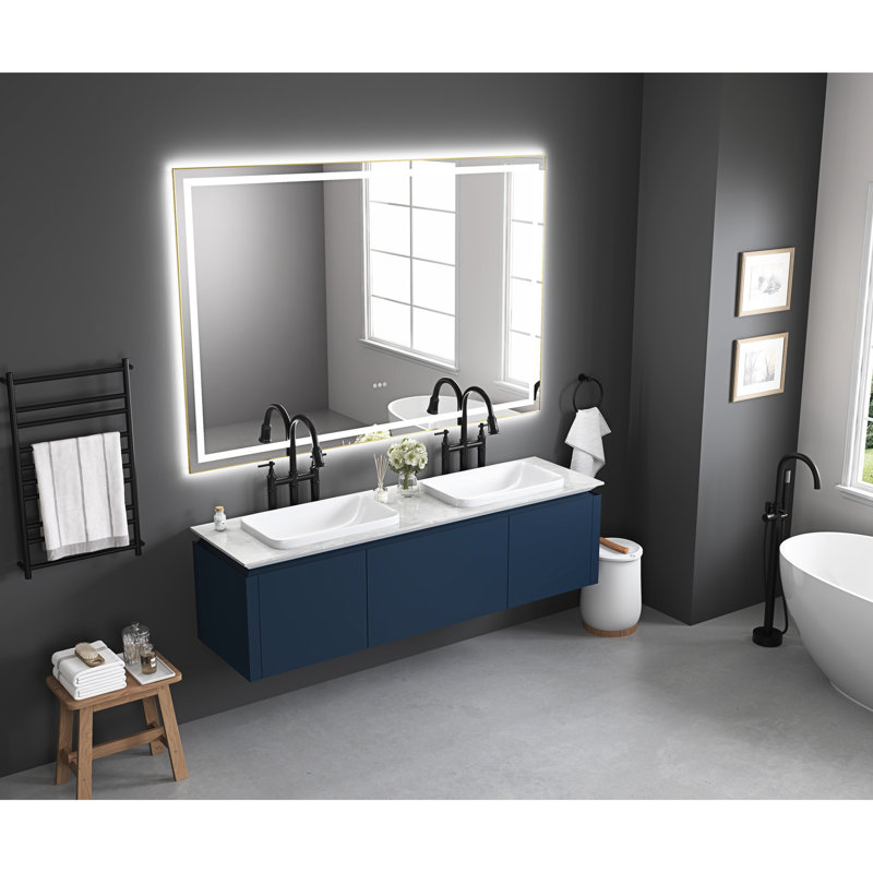Miroir de salle de bain 72 "x 48". Brouillard, 3 températures de couleur, gradation continue. Miroir de salle de bain mural avec cadre en aluminium doré brossé et options d'éclairage distinctives. Intensité réglable. Réglable
