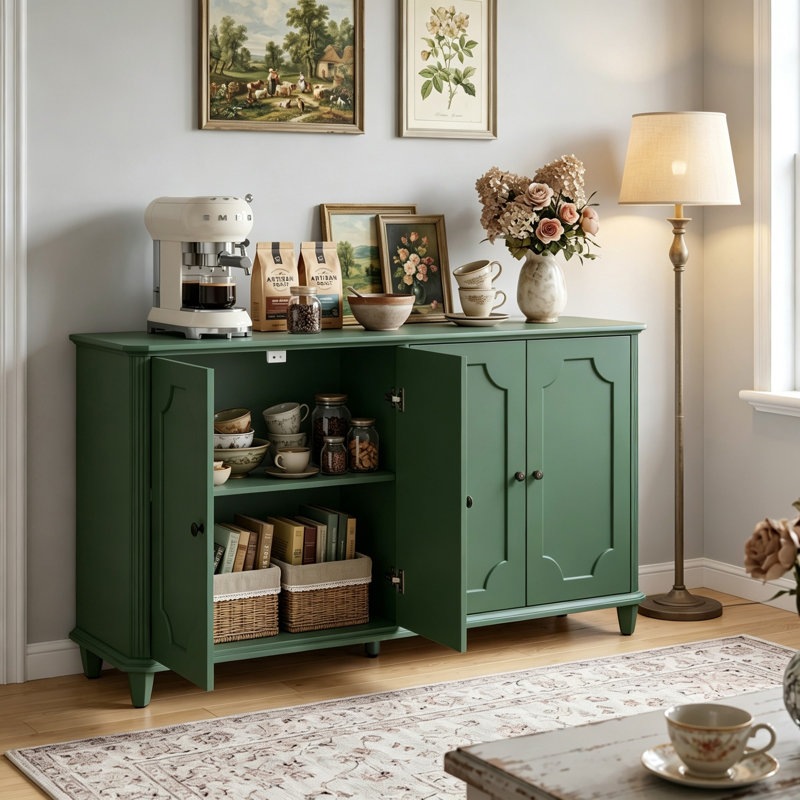 Buffet 63 "à 4 portes Farmhouse, armoire de rangement avec tablettes réglables et pieds tournés classiques, Green