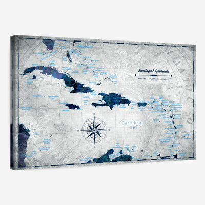 Personalized Slate Blue Journeys Caribbean Push Pin Map - Horizontal Canvas - Living Room Wall Decor - Digital Map Canvas Art - Gray And Blue Decor - 60" x 40"