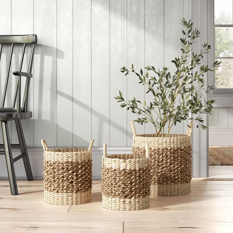 Baum Faux Wicker Woodstrip Edge 3 Piece Plastic Basket Set