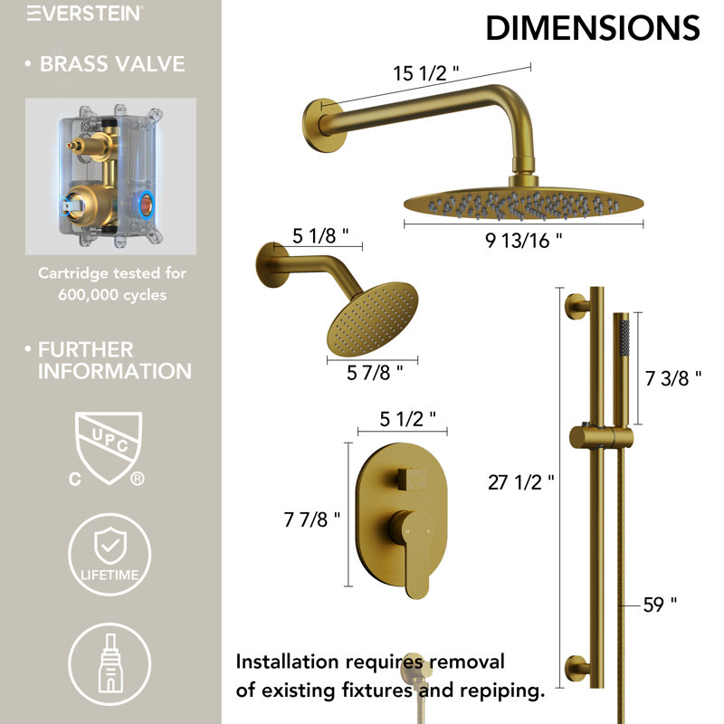 Pressure‑Balanced Shower System, 10" Rainfall Dual  Showerheads with Handheld Shower, Brushed Gold
