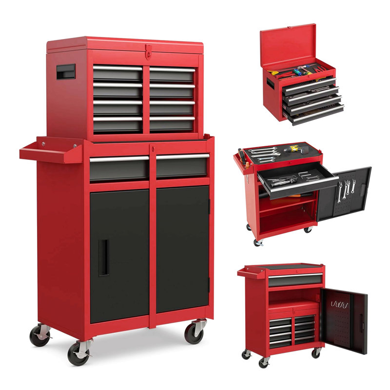 Coffre à outils, armoire de rangement à outils à 5 tiroirs avec plateau à outils amovible, doublure, roues verrouillables universelles, tablette réglable, mécanisme de verrouillage, chariot à outils en métal pour atelier de garage