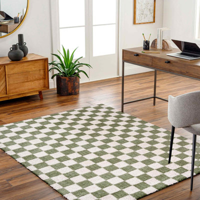 Green Modern Shaggy Washable Rug, Chequered Anti-Slip Rug For Living Room, Dining Room, Bedroom, Kitchen