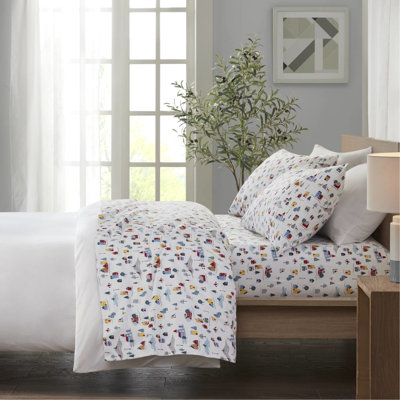 King Size 4 Pcs Sheet With White Village Print, 100% Cotton Flannel, Ultra - Soft And Cozy, Machine Washable, , Includes Flat, Fitted Sheets 2 Pillowcases, Fits 14" Mattresses Featuring Cozy