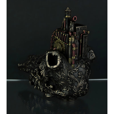 Industrial steampunk cold cast resin steer skull statue, antiqued bronze finish, 7 inches high