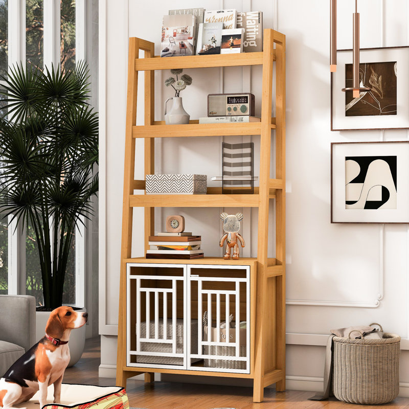 Pet - Bookcase With Modern Design, White Geometric Frames On Cabinet, Storage For Magazines And Blankets, Space Saving Limited Spaces Shelving Unit Natural Wood Tone, Leaning Structure, Three Open