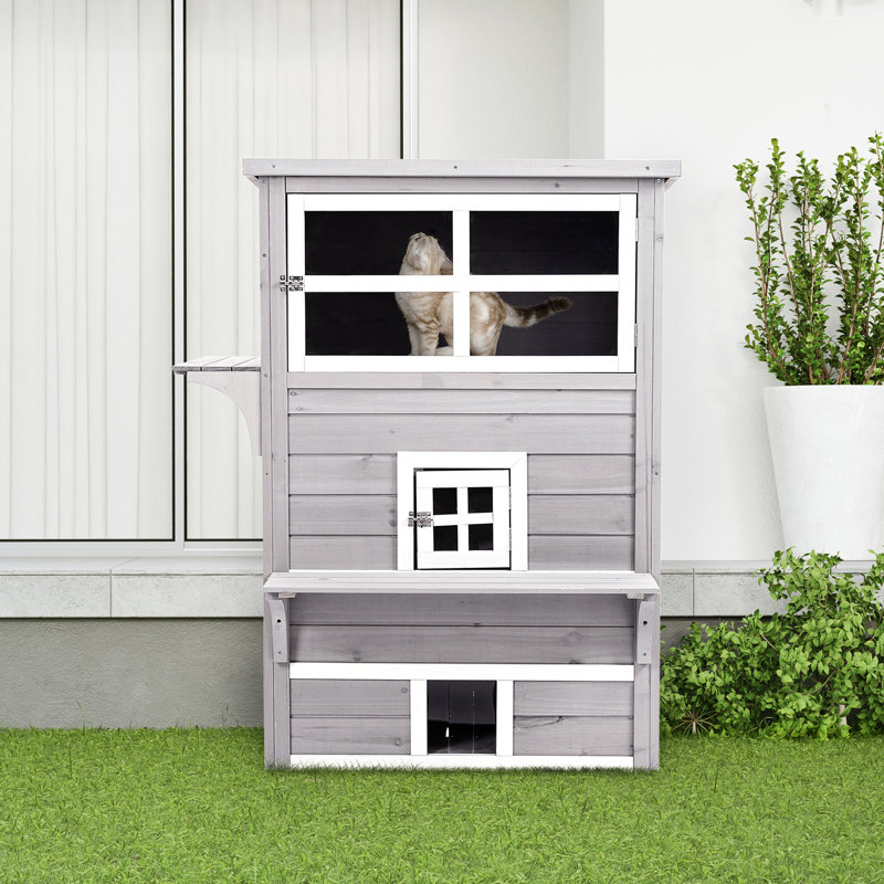 Maison d'extérieur pour chat, chaton de 3 étages en gris, plancher surélevé, portes de secours et plateformes de saut captivantes