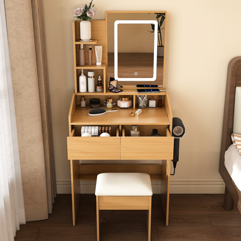 Table de coiffeuse avec miroir éclairé à DEL, prise de courant et porte-séchoir à cheveux