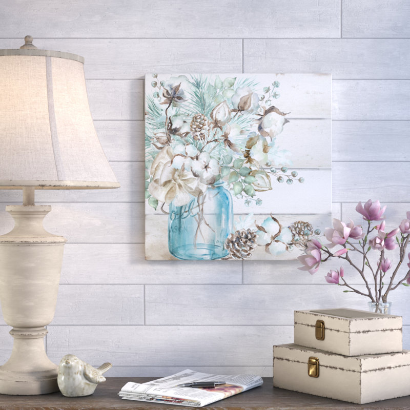 Cotton Boll And Pine Cones In A Mason Jar I - Wrapped Canvas Painting, 61 cm H x 61 cm W