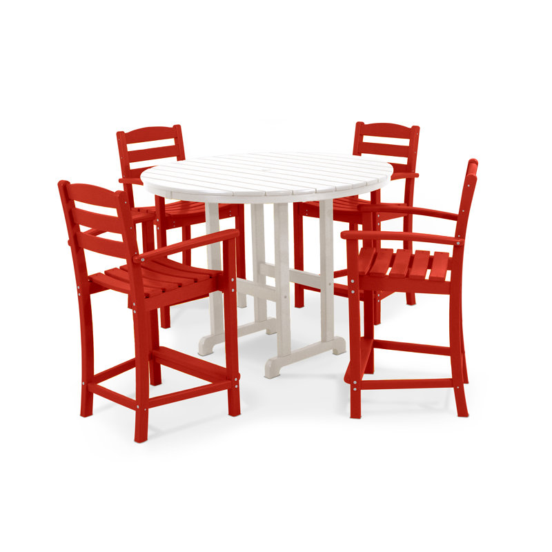 POLYWOOD La Casa Café 5-Piece Round Farmhouse Counter Set, Sunset Red/White