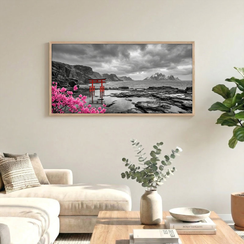 «Red Torii Pink Blossoms», reproduction d'art sur toile, ensemble de 1, Naturel, L 48 po x H 24 po