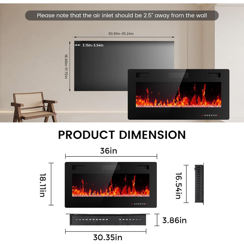 Foyer électrique encastré et mural, chauffage avec télécommande, minuterie, couleur de flamme réglable, 750 W / 1500 W - noir