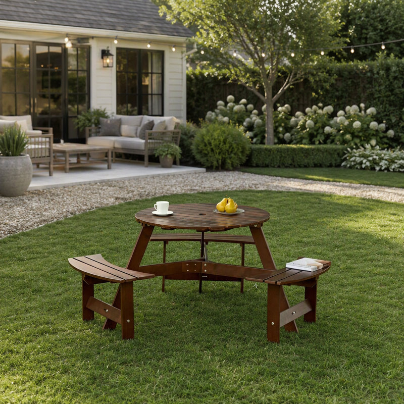 Table de pique-nique d'extérieur ronde avec bancs intégrés et trou pour parasol, idéale pour les repas en plein air sur la terrasse ou dans le jardin.
