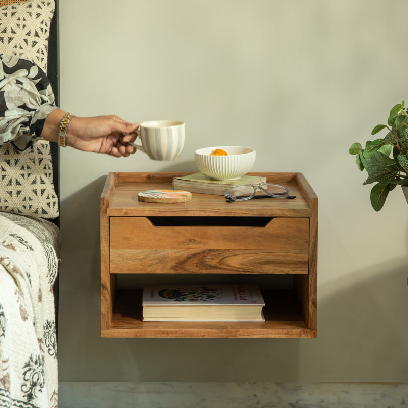 Alina Solid Wood Nightstand Tray-Top with Drawer and Open Storage, Brown