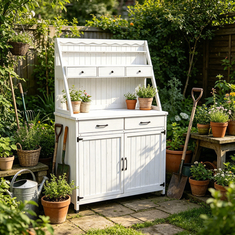 Banc de rempotage extérieur blanc 64,5 "avec armoire de rangement et 3 tiroirs - Poste de travail bas en bois avec tablette amovible