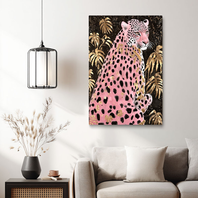 Cadre mural tendu en toile tropicale Glam «Pink Leopard & Gold Palms» pour Cozy Studio, 30 x 20 pouces (75 x 50 x 2 cm)
