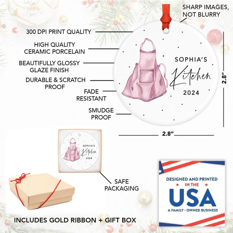 Ornement de cuisson personnalisé, tablier de cuisine rose, décoration d'arbre de Noël en céramique, cadeau pour boulanger, maman ou grand-mère