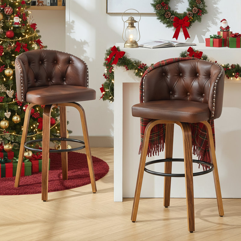 Counter Height Upholstered Swivel Bar Stools Set of 2, Modern Kitchen Island Chairs with Wide Backrest, Solid Wood Legs & Nailhead Trim