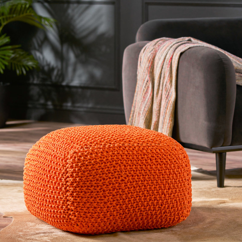 20.37 X 16.37 Inches Cotton Knitted Pouf - Orange, Adds Luxury To Home Orange Cube 20 16 Ideal For Relaxing And Extra Seating