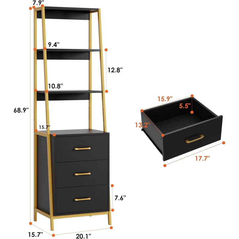 Black Gold 4-Tier Ladder Bookshelf with Wooden Drawers