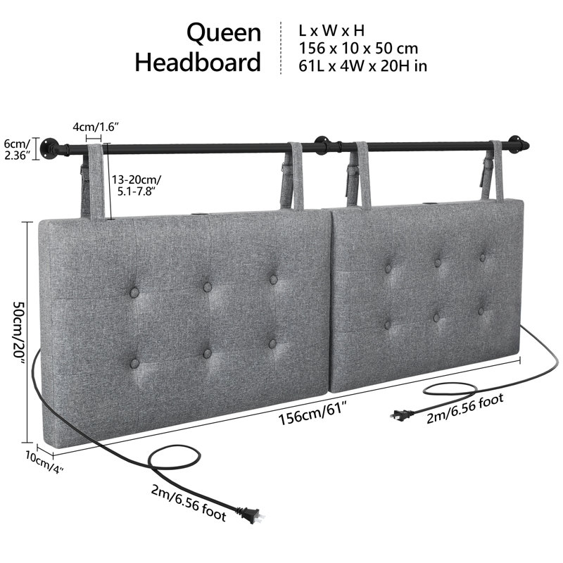 Tête de lit Dahianna avec ports USB pour grand lit, tête de lit tapissier à fixation murale, tête de lit gris, gris, Grand