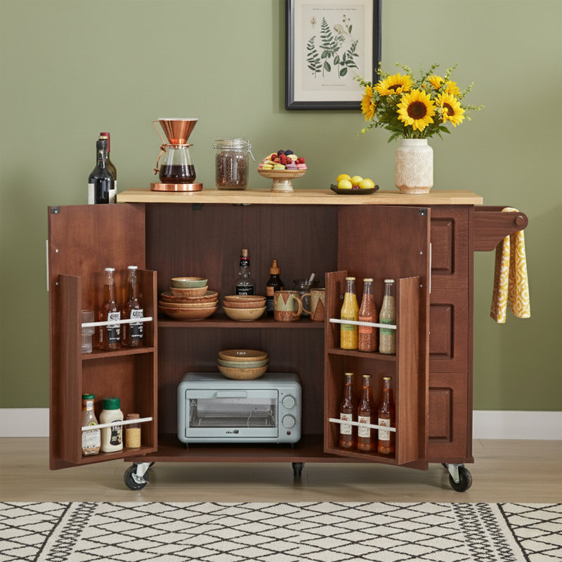 54" W Farmhouse Rolling Kitchen Island With Drop Leaf Rubberwood Top, Barn Door Design, White, Brown