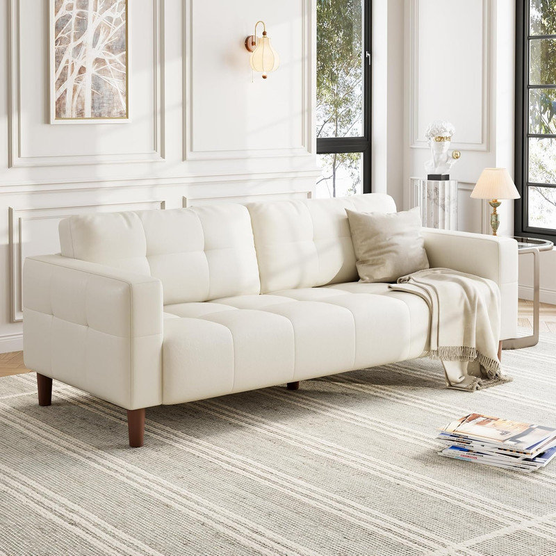 Canapé 83 pouces 3 places en similicuir avec coussin à ressorts, siège profond pour salon et bureau, Beige