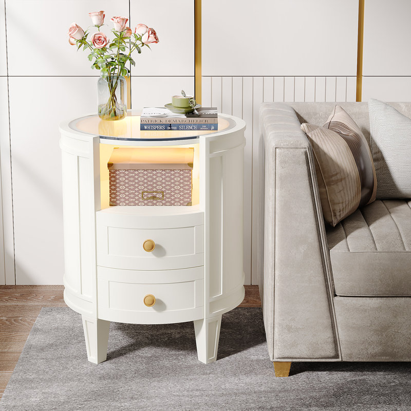 Kentshire Oval White Nightstand with LED and Glass Tabletop, Individual
