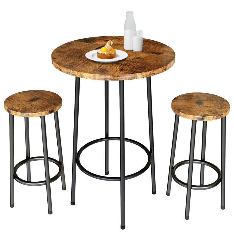 Modern Round Bar Table Set for Small Spaces - 2 Stools with Footrest