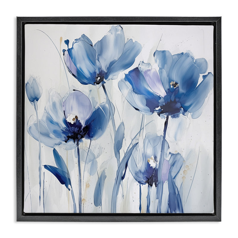 "Blue Abstract Blooms", art mural encadré par Sasha, Cadre flottant noir de jais, H 18 po x l 18 po