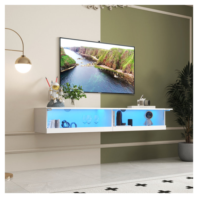 Meuble télé flottant mural 80 po blanc avec 20 lumières DEL de couleur et station de charge - Meuble audio-vidéo moderne