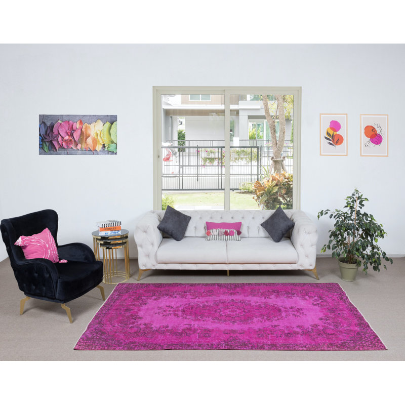 Tapis turc moderne 5,5 x 9 pi noué à la main avec motif de médaillon rose