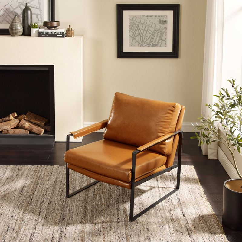 Upholstered Armchair, Orange Brown Faux Leather