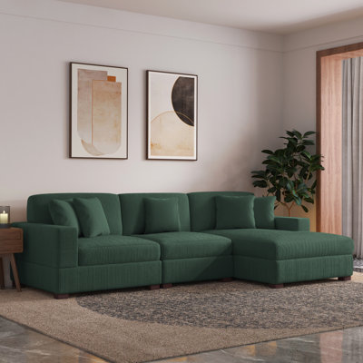 Milbrey 3 - Piece Upholstered Hunter Green Corduroy Modular Sectional Sofa with Pillow Back and Solid Wood Legs