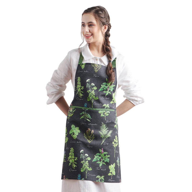 Maison d' Hermine Apron for women with Pocket 100% Cotton 27.50"x31.50" 1 Piece Adjustable Neck Strap & long ties Apron Men, Chef, Wedding, Cooking, Gardening, Server Spring/Summer (Fresh Herbs)